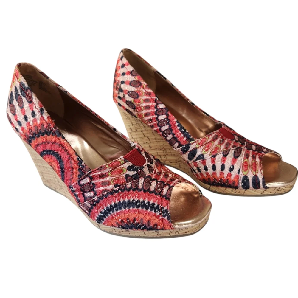 Faded Glory Cork Colorful Peep Toe Wedge size 9.5